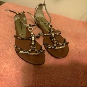 Beverly Feldman Brown Sandals with Black and White Beaded Straps